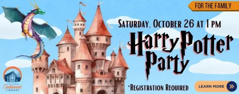 Harry Potter Party October 26 1 pm. Image of dragon flying over a castle.